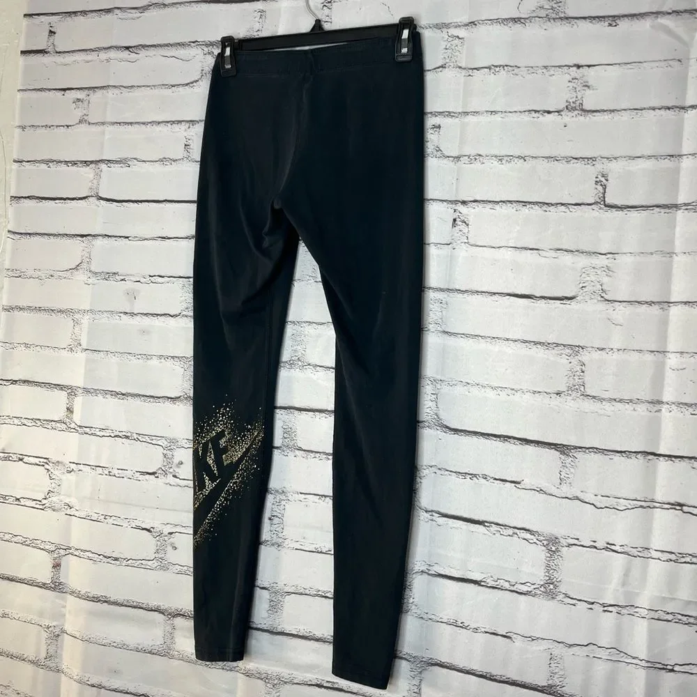 Nike High-Waist Black Leggings SP Gold Logo Athleisure Workout Activewear Yoga